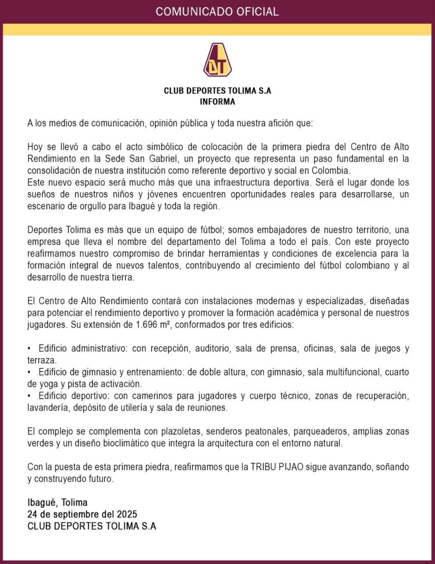 Deportes Tolima inicia construcción de su Centro de Alto Rendimiento