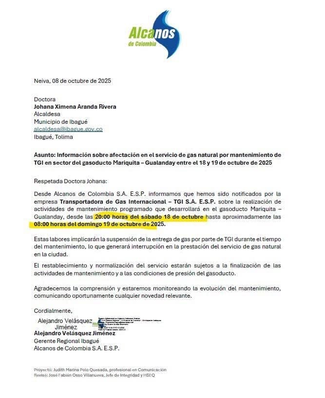 ATENCIÓN: Corte del servicio de gas en Ibagué la fecha y horario