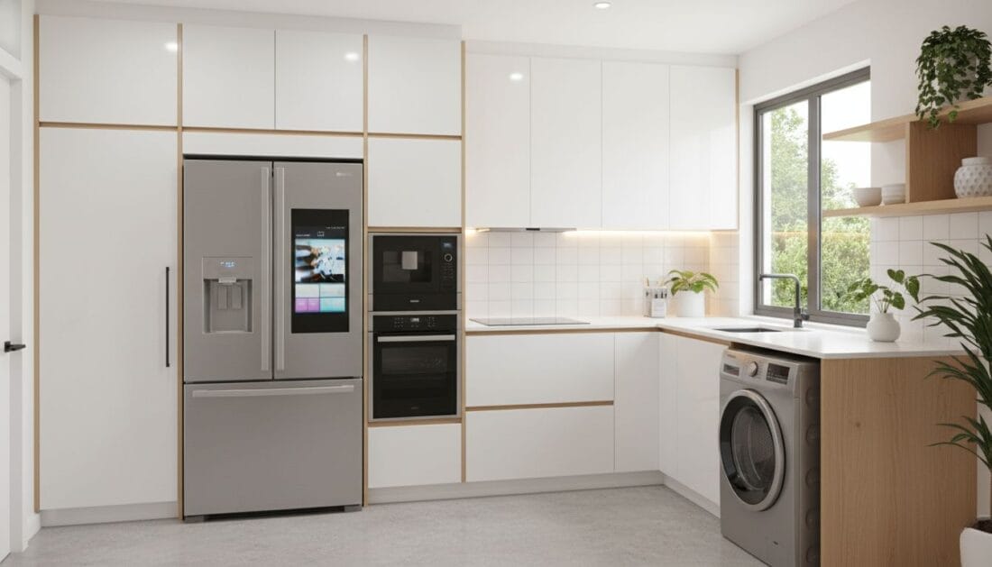 Tres pilares del hogar moderno: lavadora, cocina funcional y refrigerador eficiente